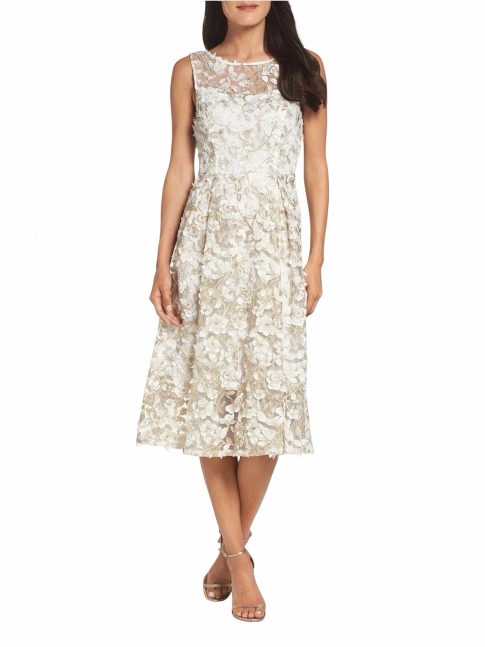 NWT Adrianna Papell Ivory Gold Stunning Floral Embroidery  Dress Womens Size 6